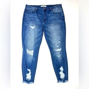Kancan Women’s Ankle Cropped Blue Distressed  Jeans Size- 1XL